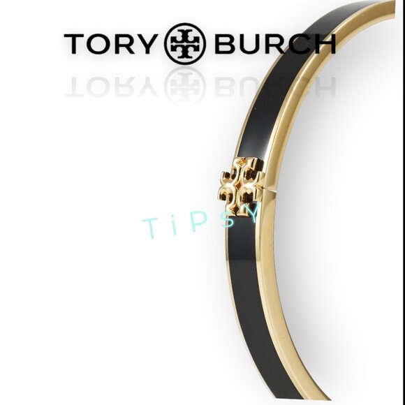 Tory Burch Kira Black & Gold Enamel Logo Hinged Bangle Bracelet - Picture 4 of 4
